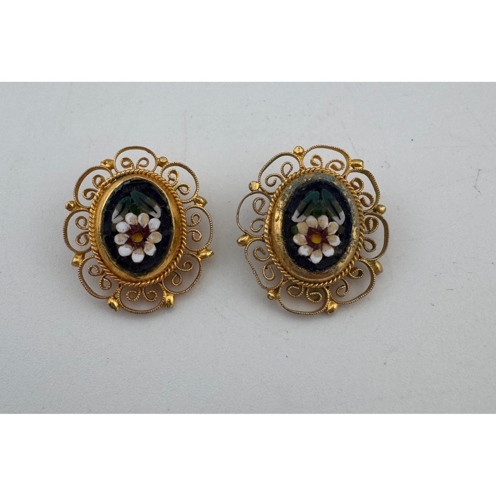 Vintage Italian Micro Mosaic Floral Clip On‎ Earrings Gold Tone Filigree Oval